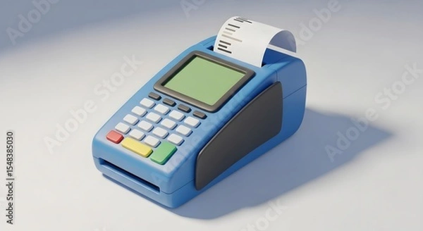 Fototapeta Blue Payment Terminal with Green Screen Display and Paper Receipt on White