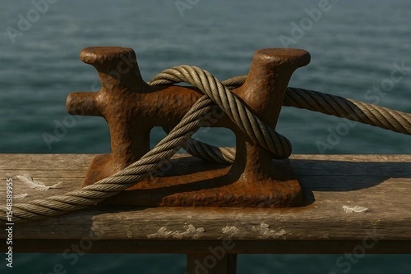 Fototapeta Cinematic Rusty Mooring Post with Heavy Rope on Wooden Pier Overlooking Ocean for Nautical Themes