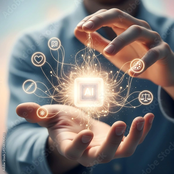 Obraz Conceptual Illustration of Human Hands Holding a Luminous AI Core, with Light Threads Connecting to Values Like Empathy and Fairness, Symbolizing Ethical AI.