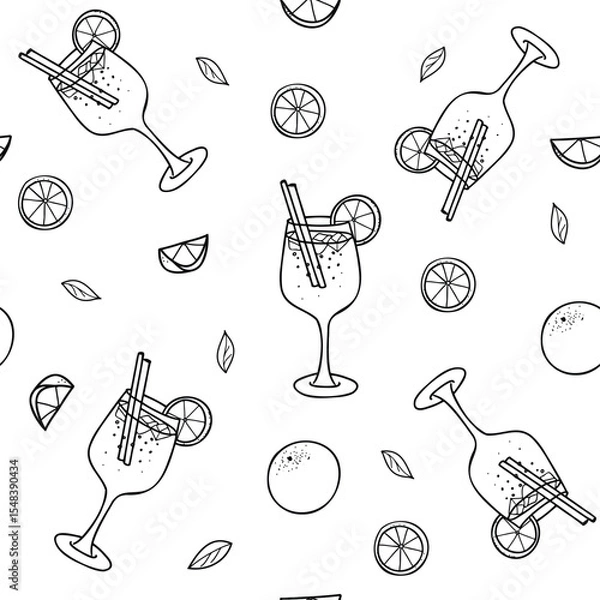 Fototapeta Aperol Spritz Cocktails graphic Seamless pattern. Hand drawn Vector illustration of aperol drink glass with orange fruit and slice in Doodle style. For restaurant menus, bar design.