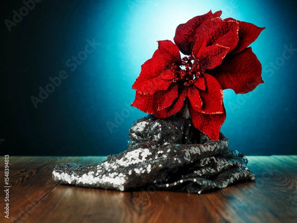 Fototapeta A red flower is wrapped by a silver fabric. The image has a festive and celebratory mood, as it is likely a decoration for a holiday or special occasion. Dark background with blue spot. Still life
