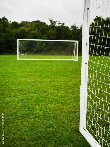 Fototapeta Side of football or soccer goalpost in focus, second goalposts out of focus, dark background. Sport equipment on clean cut green grass. Professional team training pitch.