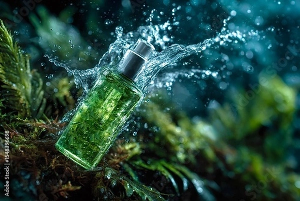 Obraz Green perfume bottle splashing with water in lush greenery