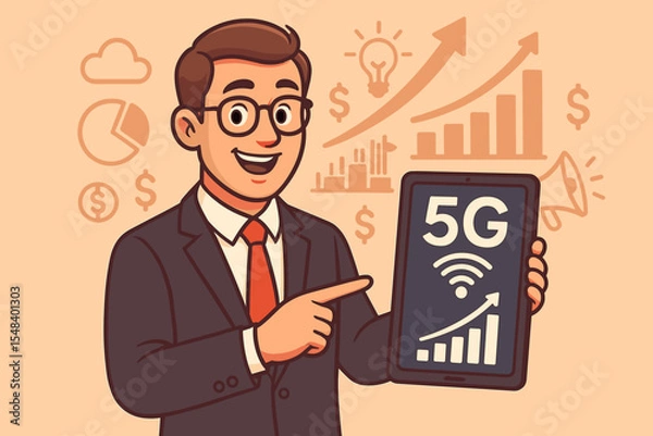 Fototapeta Businessman presenting 5G technology on tablet for business growth and marketing success. Vector cartoon illustration of financial profit data, wireless network, and innovation.
