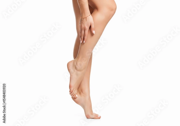 Fototapeta Close-up of smooth, feminine legs and feet on white background. Perfect for skincare, beauty, pedicure, and wellness themes. Showcasing elegance, grooming, and personal care.

