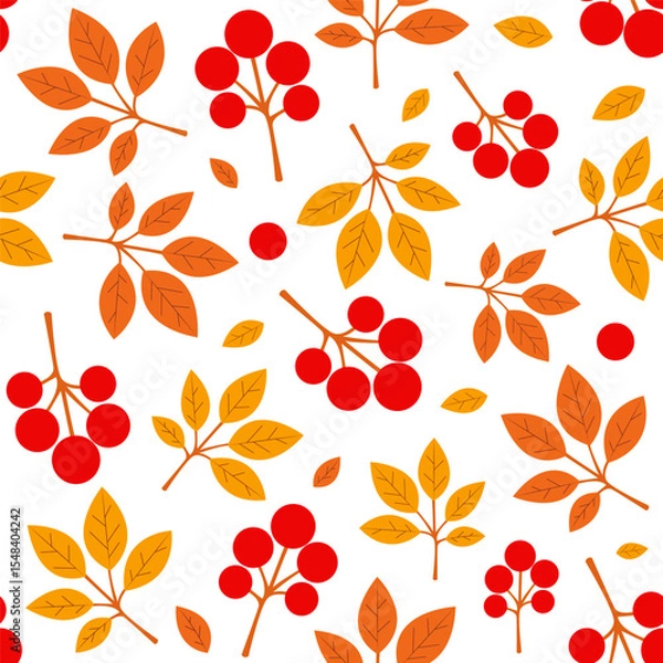 Obraz Colorful autumn leaves and berries pattern on a white background for seasonal design projects