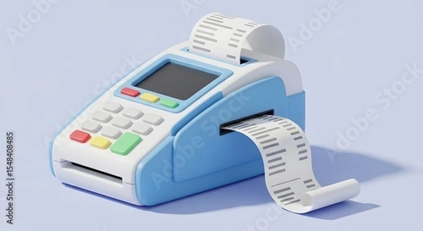 Fototapeta Point of Sale Terminal with Paper Receipt on Light Blue Background