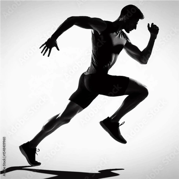 Fototapeta A black and white silhouette of a man who is training to run fast for a competition. Vector graphics. EPS.