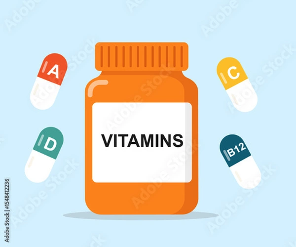 Fototapeta Vitamins Bottle with Floating Capsules, Health and Nutrition Vector Illustration
