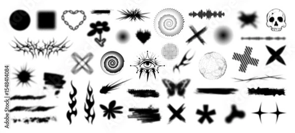 Fototapeta Dotted halftone patterns, grunge elements, icons, logo, y2k shapes. Vector monochrome dotted halftone elements, creative collection for backdrop with pop art effect. Isolated vector shapes elements.