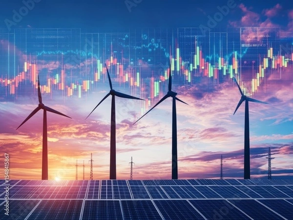 Fototapeta Wind turbines and solar panels at sunset with a digital stock market graph overlay, symbolizing renewable energy and technology integration.
