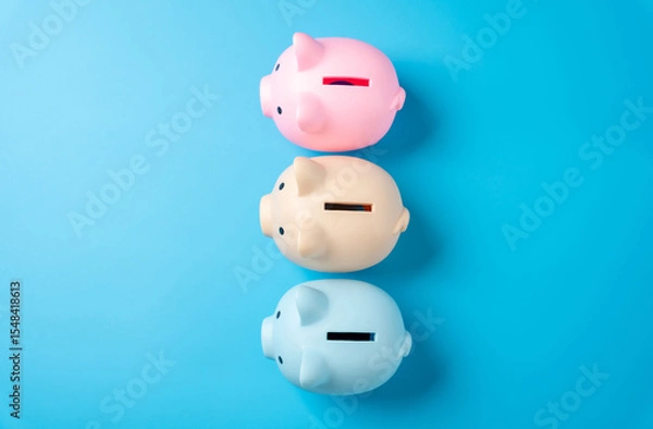 Fototapeta Multicolored piggy banks for savings. Distribution of savings and investments across different economic instruments. Financial diversification. Stocks, bonds, deposits, and pensions.
