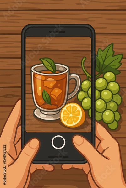 Fototapeta Hands taking a food photo with a smartphone. Food blogger capturing content for social media. Iced tea, lemon, and grapes on a rustic wooden table. Vector cartoon illustration.