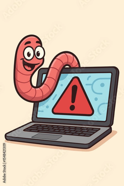 Fototapeta Cartoon computer worm virus character crawling out of a laptop screen. Malware, bug, or trojan concept. Cybersecurity threat, system error, and data risk alert vector illustration.