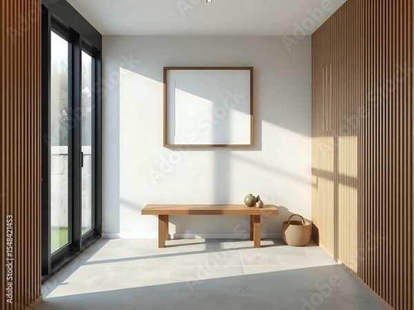 Fototapeta 3d japandi hallway bench space with minimalist wood accents and geometric wall art in serene modern design