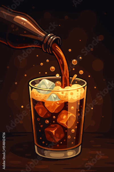 Fototapeta Pouring cola soda from a bottle into a glass with ice cubes. Refreshing fizzy carbonated drink with bubbles and foam. Cold beverage vector cartoon illustration for a party or menu.