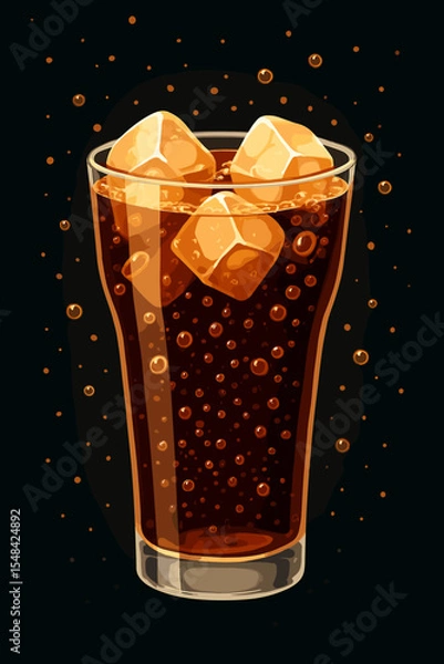 Fototapeta Refreshing glass of cola soda with ice cubes and effervescent bubbles. Cold carbonated beverage vector illustration on a dark background. Perfect for menu or advertising design.