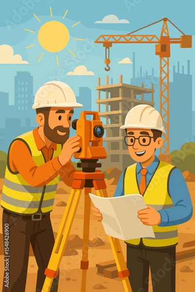 Fototapeta Construction site surveyors using theodolite equipment, civil engineers in safety vests and helmets working on urban building project, crane, blueprint, city skyline, sunny day, vector illustration