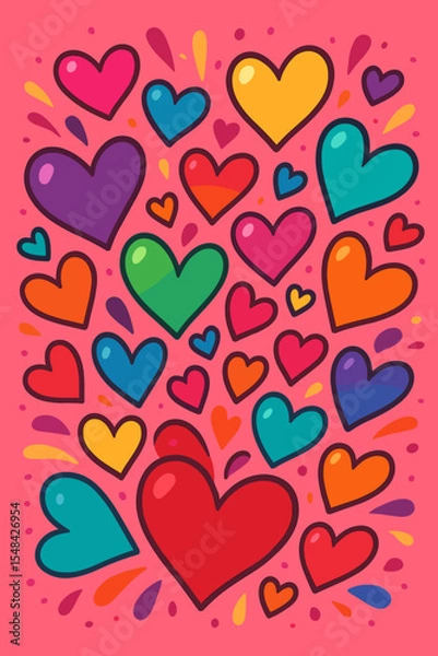 Fototapeta Colorful bursting hearts vector background. Happy cartoon heart pattern illustration. Multicolored love, joy, celebration, passion. Romantic Valentine’s Day card, decoration, seamless design