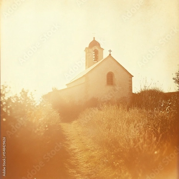 Fototapeta Quaint Church Building with Bell Tower Standing on Hillside Overlooking Path