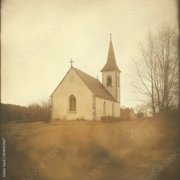 Fototapeta Lone Church on a Hillside with Bare Trees and Autumnal Grass