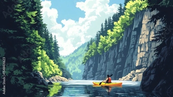 Fototapeta Kayaker Paddling on Calm Waters Between Rocky Cliffs and Lush Green Forest