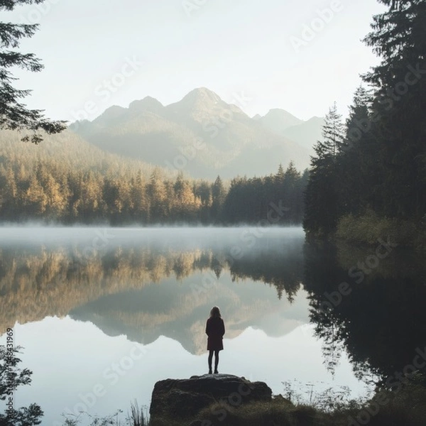 Fototapeta Solitary figure standing on rock gazing at lake reflecting misty mountains and trees