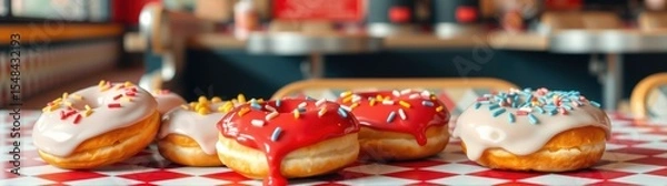 Fototapeta Several donuts with white icing and sprinkles on a table
