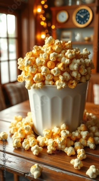 Fototapeta Bowl of popcorn on a table with a clock in the background