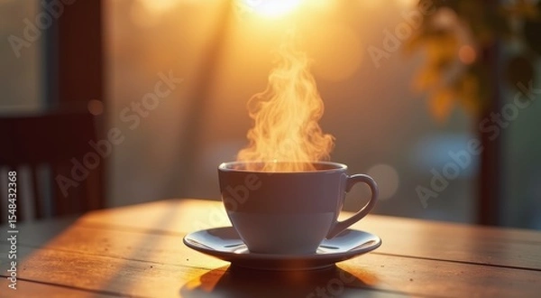Fototapeta Cup of coffee on a table with a sun shining through the window