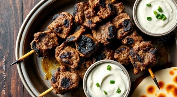 Fototapeta Several skewers of meat on a plate with dips
