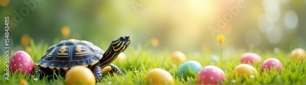 Fototapeta Turtle that is sitting in the grass with eggs