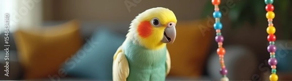 Fototapeta Brightly colored parrot sitting on a table with beads hanging from it ' s neck