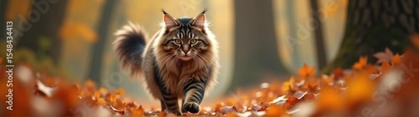 Fototapeta Cat walking in the woods with leaves on the ground