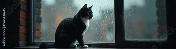 Fototapeta Cat sitting on a window sill looking out at the rain