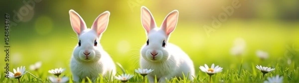Fototapeta Two white rabbits are standing in a field of grass with daisies