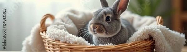 Fototapeta Small rabbit sitting in a basket on a table