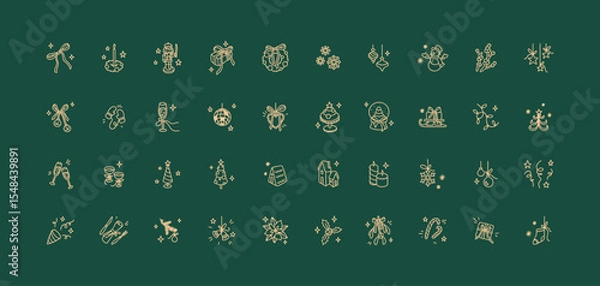 Fototapeta Merry Christmas and Happy New year cute line doodle golden icons set. Xmas winter minimalist drawing. Festive ornament. Holiday celebration background. Star, snowflake, ball, bubble, wreath, bow