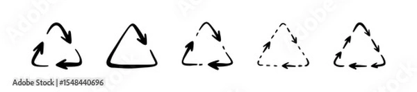 Fototapeta Hand drawn doodle triangle recycle symbol set. Paper, plastic, garbage, waste reuse handwriting icon sign. Crayon scribble grunge vector illustration. Eco-friendly project design element. Cycle arrow