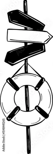 Fototapeta Signpost with lifebuoy hand drawn doodle vector illustration. Beach seaside wooden direction sign. Wood arrows on the coast line with preserver. Lifesaver hanging on the crossroad billboard