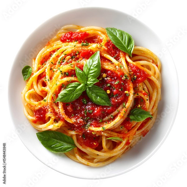 Fototapeta Delicious spaghetti with tomato sauce and fresh basil leaves, served on a white plate, overhead shot. A perfect image for food blogs isolated on transparent background