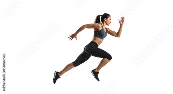 Fototapeta Athletic woman sprinting in a dynamic pose, showcasing strength and determination against a neutral background