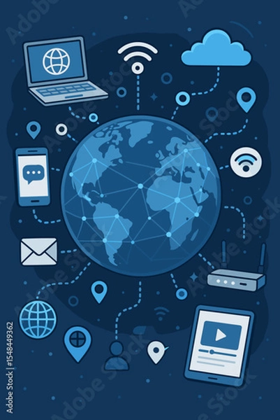 Fototapeta Global digital network and communication technology concept. Planet Earth with internet icons like laptop, phone, cloud, wifi, router. Worldwide web and data connection vector.