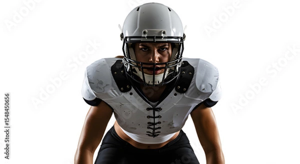 Fototapeta Intense football player in protective gear ready for action on the field, with a blurred stadium crowd in the background
