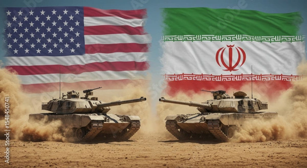 Fototapeta The United States and Iran in confrontation with tanks