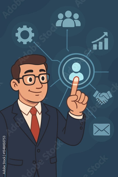 Fototapeta Businessman managing CRM software on a virtual interface. Customer Relationship Management concept with icons for sales automation, client data analysis, and marketing strategies. Vector.