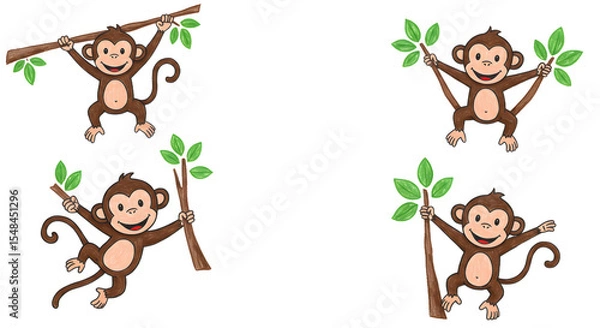 Fototapeta Playful cartoon monkeys swinging on branches surrounded by lush green leaves, showcasing a vibrant jungle atmosphere