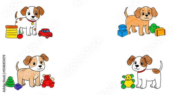 Fototapeta Playful cartoon puppies surrounded by colorful toys in a cheerful setting, ideal for children's products and designs