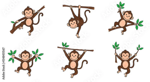 Fototapeta Playful monkeys swinging on branches, showcasing agility and joy amidst a vibrant jungle background with foliage