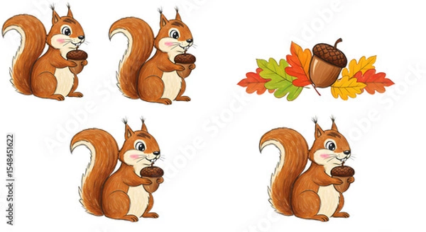 Fototapeta Playful squirrels holding acorns amidst colorful autumn leaves, showcasing a lively forest scene
